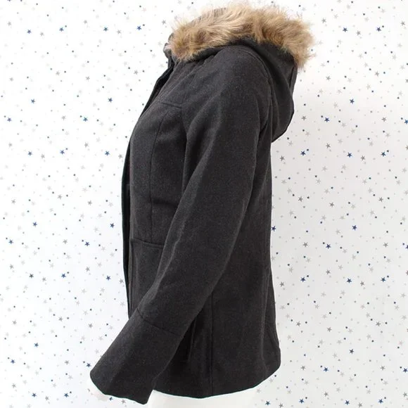 Charcoal Faux Fur Hooded Wool Blend Coat Jacket - Picture 6 of 9